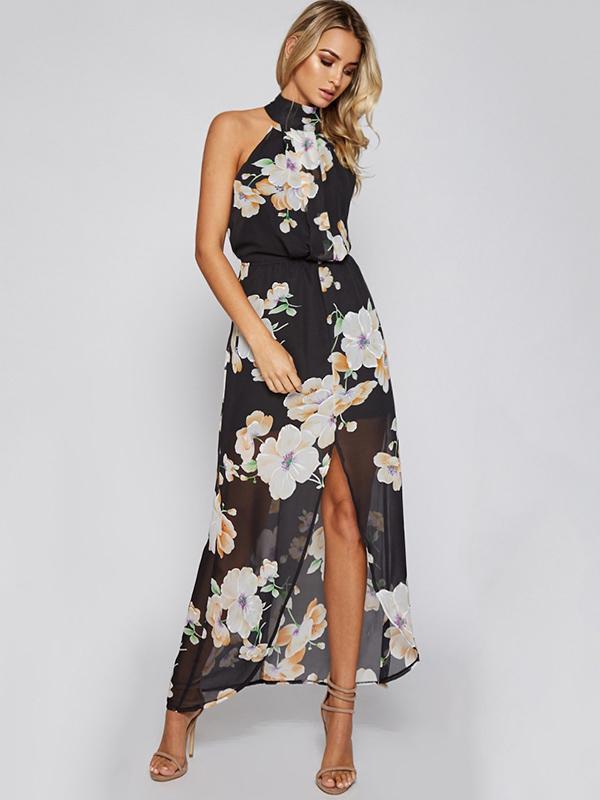 Floral Halterneck Split-front Backless Bohemia Maxi Dress