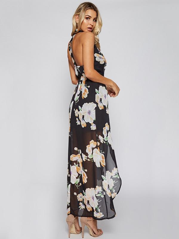 Floral Halterneck Split-front Backless Bohemia Maxi Dress