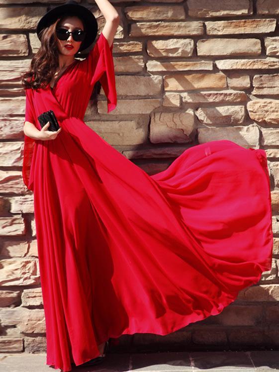 Chiffon Solid Color V-neck Flared Sleeves Maxi Dress