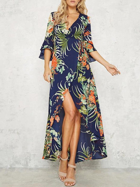 Floral Split-front Flared Sleeves V-neck Bohemia Maxi Dress