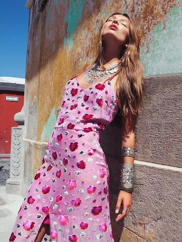 Floral Spaghetti-neck Split-front Backless V-neck Maxi Dress