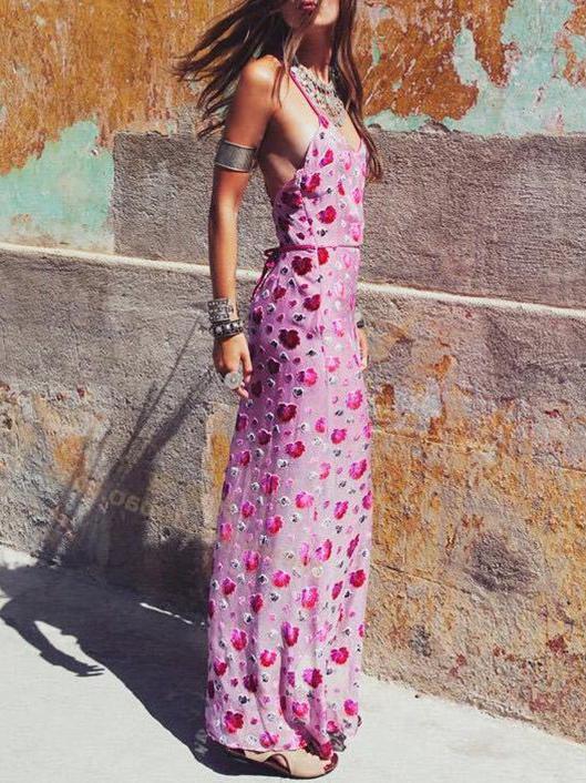 Floral Spaghetti-neck Split-front Backless V-neck Maxi Dress