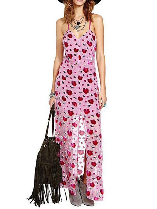 Floral Spaghetti-neck Split-front Backless V-neck Maxi Dress