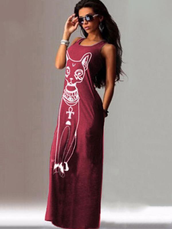 Cat Printed Straps Sleeveless Maxi Dress