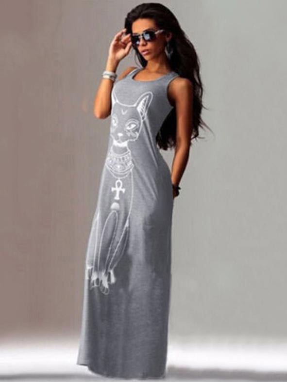 Cat Printed Straps Sleeveless Maxi Dress