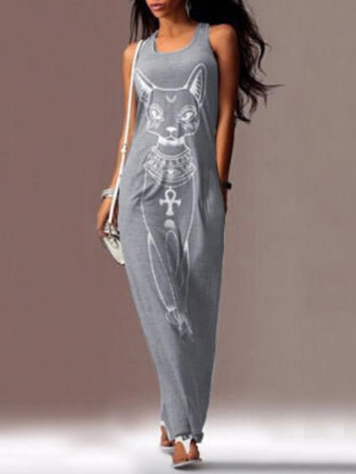 Cat Printed Straps Sleeveless Maxi Dress