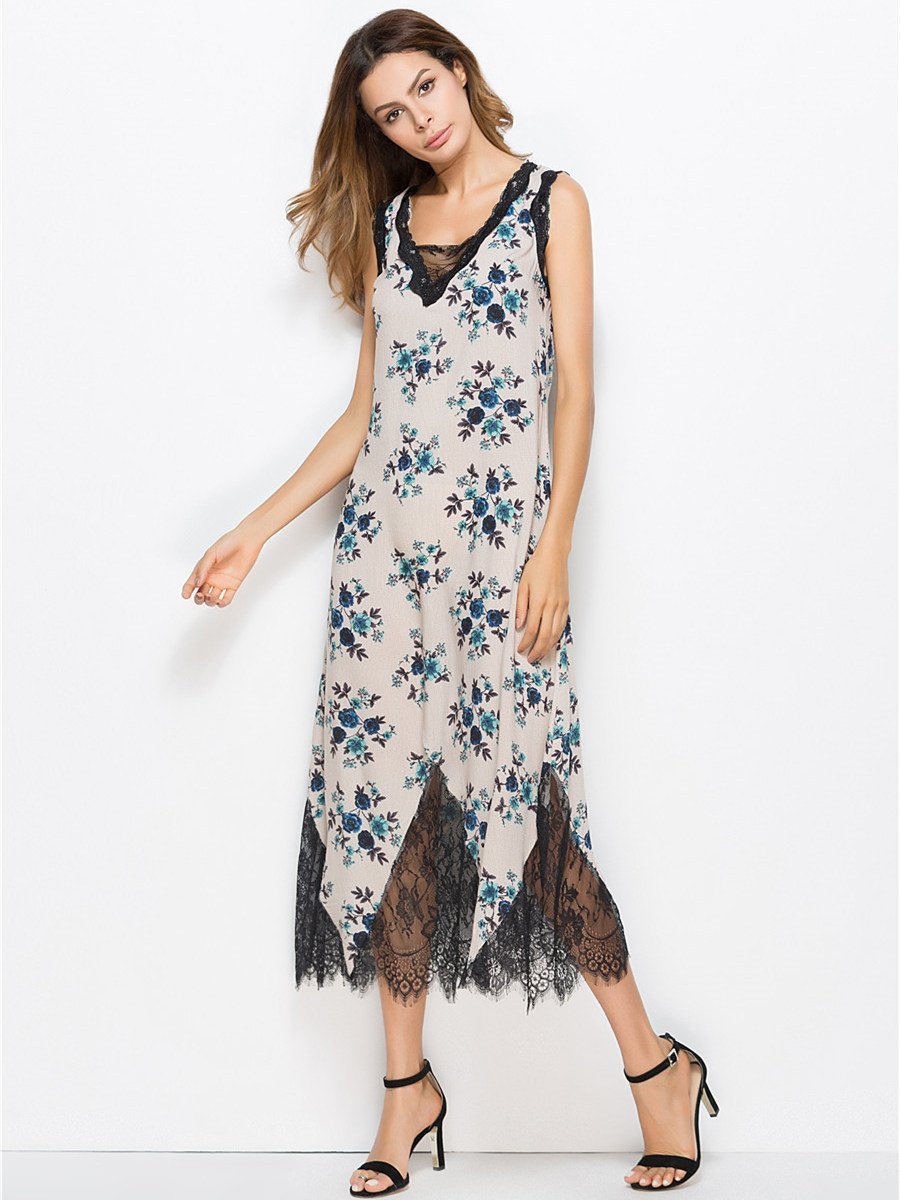 Floral Lace Split-joint V-neck Sleeveless Bohemia Midi Dress