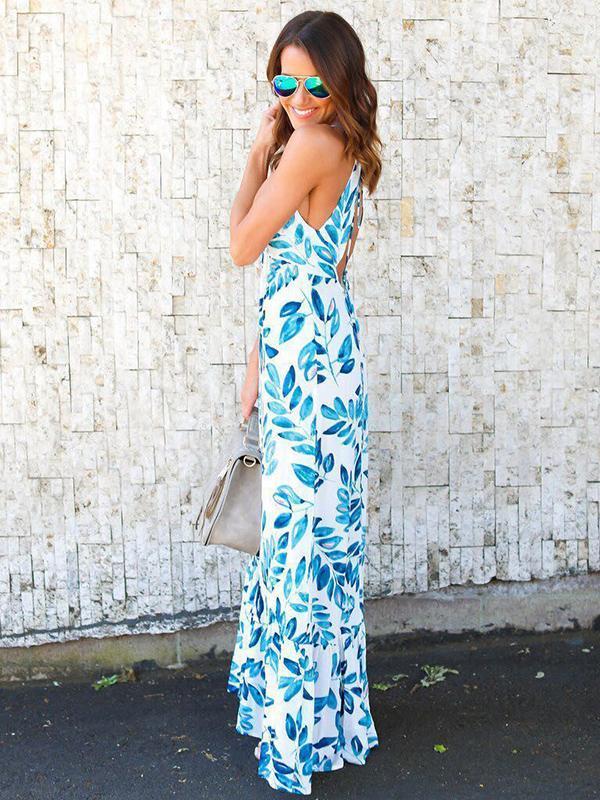 Leaves Print Spaghetti-neck Mermaid Sleeveless Maxi Dress