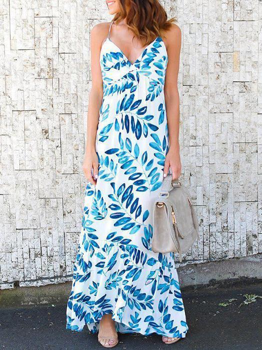 Leaves Print Spaghetti-neck Mermaid Sleeveless Maxi Dress