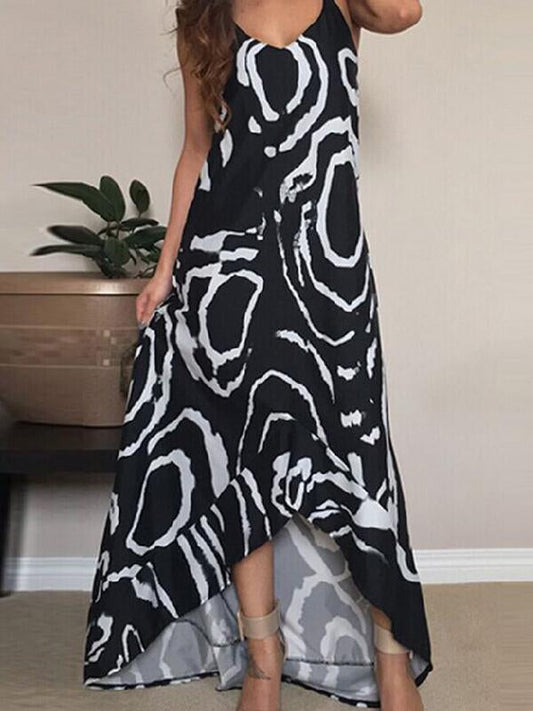 Printed Spaghetti-neck V-neck Backless Cropped Maxi Dress