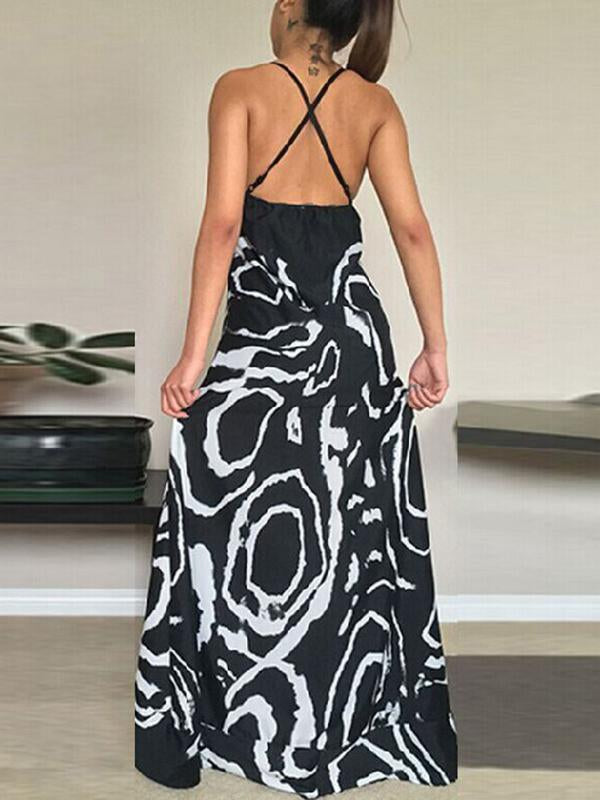 Printed Spaghetti-neck V-neck Backless Cropped Maxi Dress