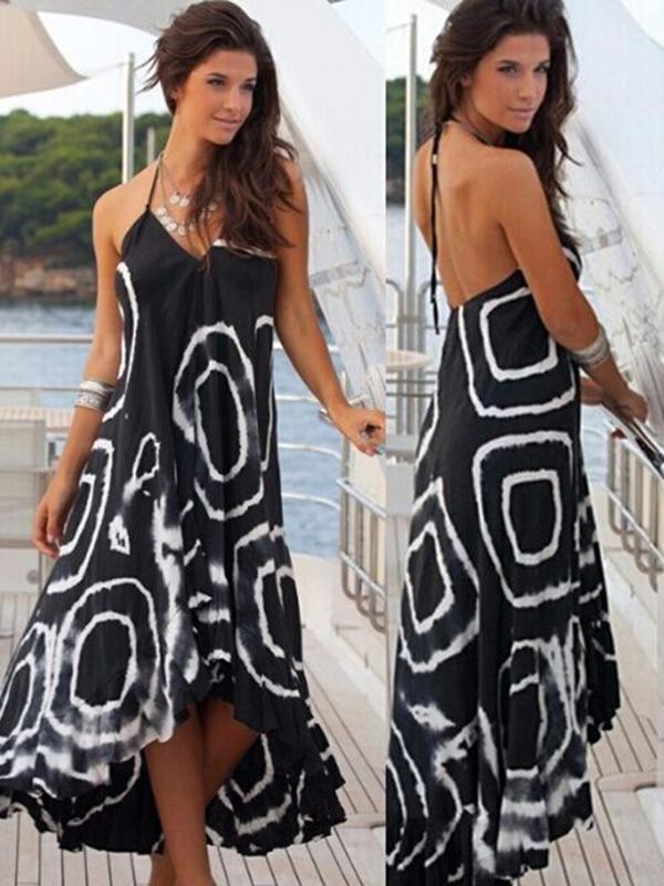 Printed Spaghetti-neck V-neck Backless Cropped Maxi Dress