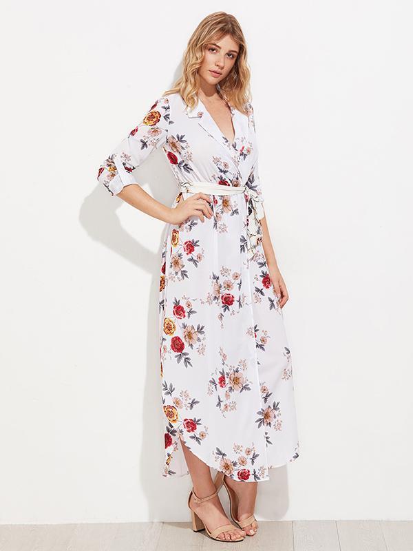 Floral Print V-neck Split-front Bohemia Maxi Dress