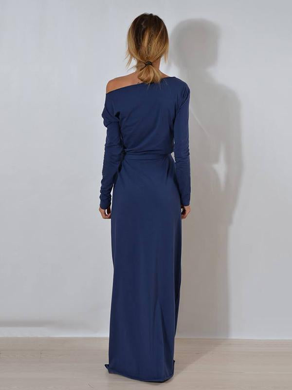 Solid Color Belted Long Sleeves Maxi Dress