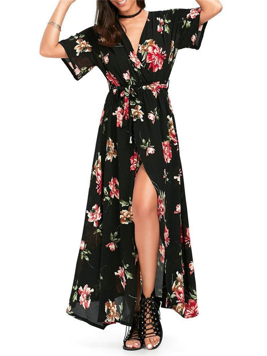 Vintage Printed Deep V-neck Waisted Bohemia Maxi Dress