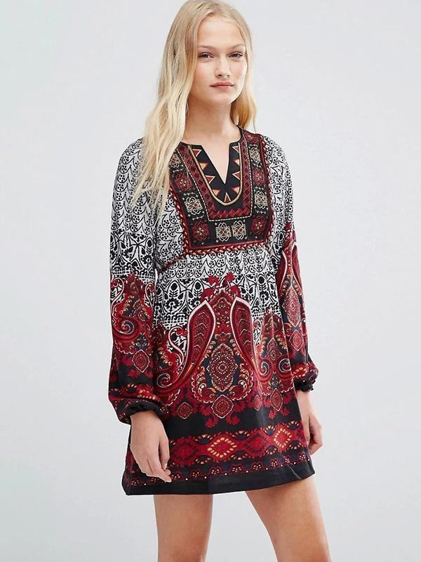 Printed Puff Sleeves Bohemia Mini Dress