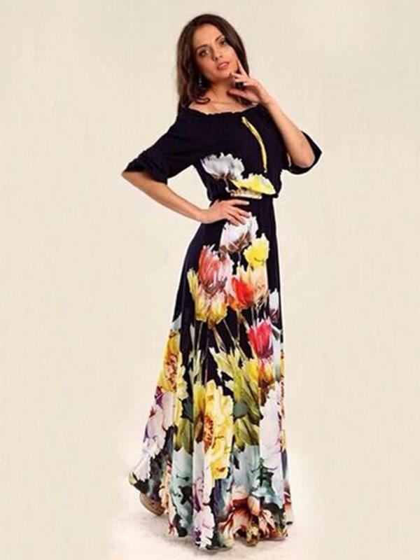 Floral Printed Off-the-shoulder Half Sleeves Maxi Dress