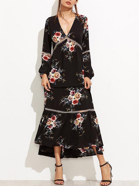 Bohemia Falbala Hollow V-neck Maxi Dress