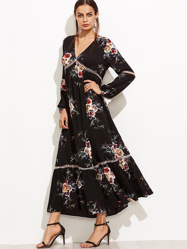 Bohemia Falbala Hollow V-neck Maxi Dress