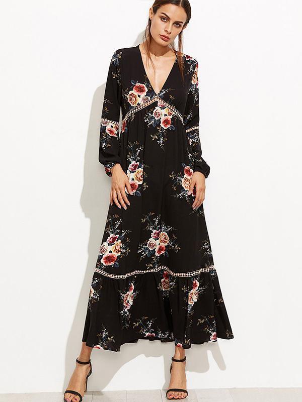 Bohemia Falbala Hollow V-neck Maxi Dress