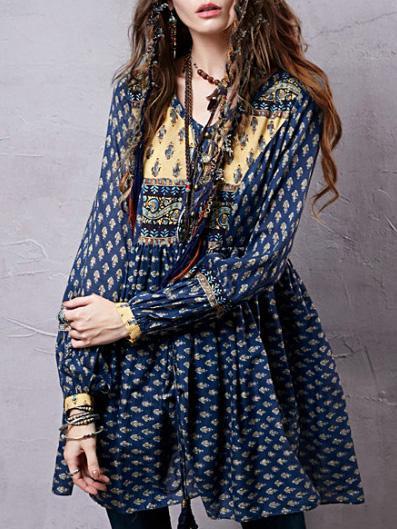 Split-joint Printed Shirt Mini Bohemia Dress