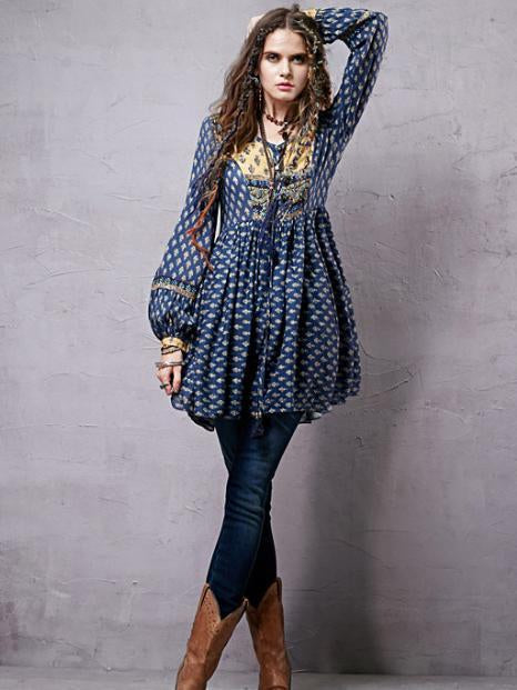 Split-joint Printed Shirt Mini Bohemia Dress