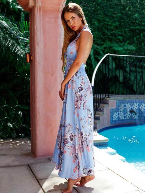 Printed Halter-neck Backless Bohemia Maxi Dress