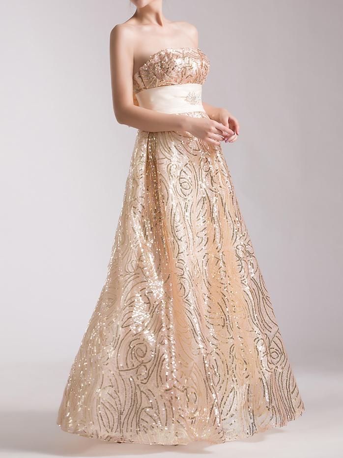 Golden Long Evening Dress Hosted Sequined Tube Lace Top Slim Maxi Dress