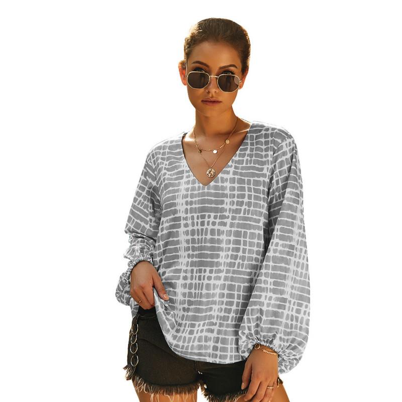 Autumn Women Loose V-neck Printed Blouse Shirt Long Sleeve Tops Female Blouse