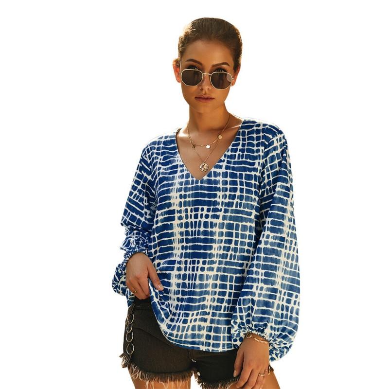 Autumn Women Loose V-neck Printed Blouse Shirt Long Sleeve Tops Female Blouse