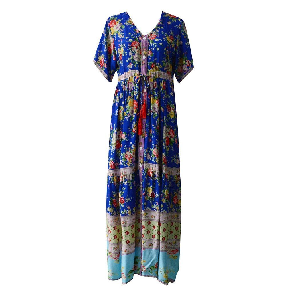 Bohemian Printed Waist V-Collar Chiffon Beach Ladies Loose Long Dresses