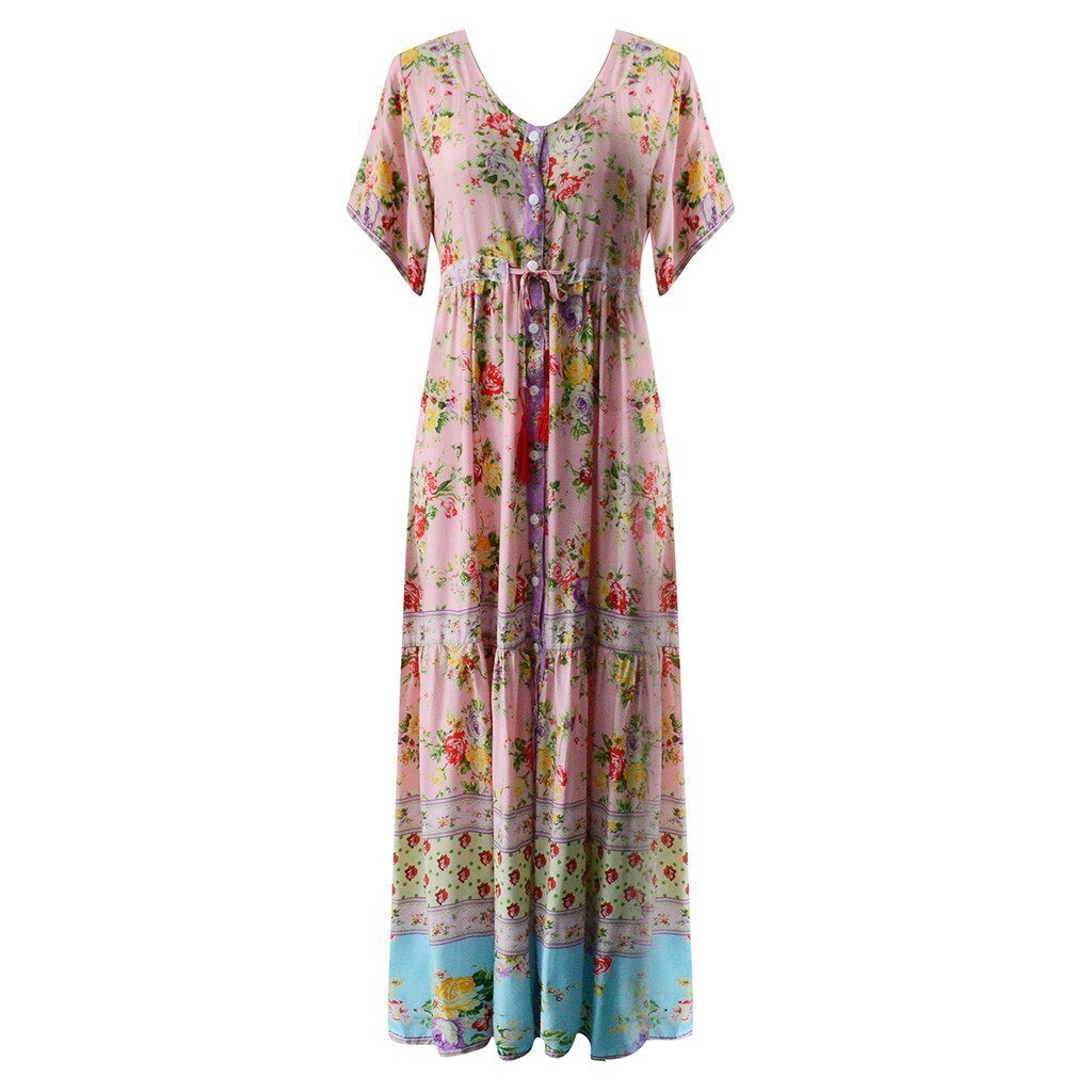 Bohemian Printed Waist V-Collar Chiffon Beach Ladies Loose Long Dresses