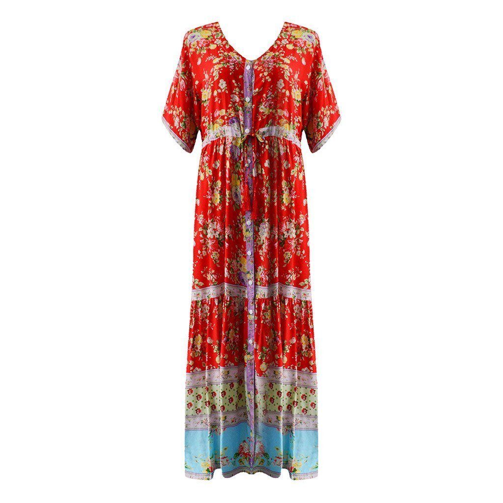 Bohemian Printed Waist V-Collar Chiffon Beach Ladies Loose Long Dresses