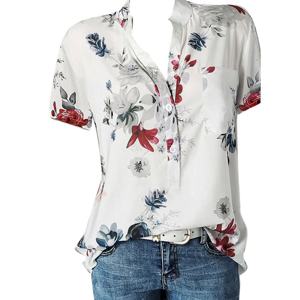 Fashion Women Blouses Printing Pocket Plus SizeShort Sleeve Tops