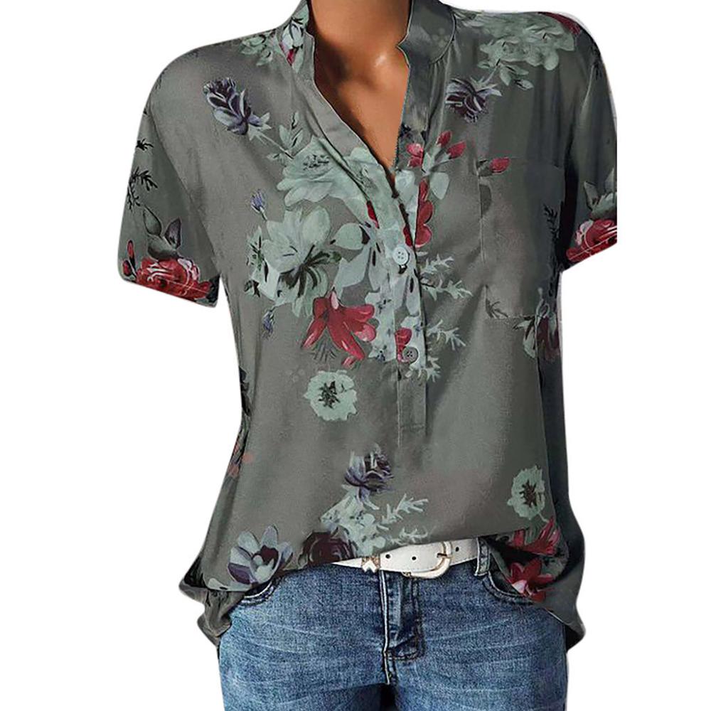 Fashion Women Blouses Printing Pocket Plus SizeShort Sleeve Tops