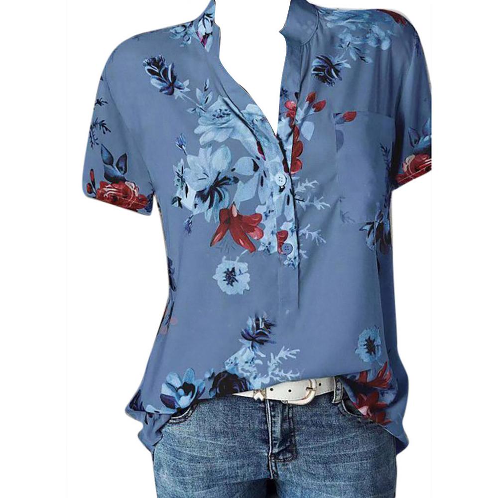 Fashion Women Blouses Printing Pocket Plus SizeShort Sleeve Tops
