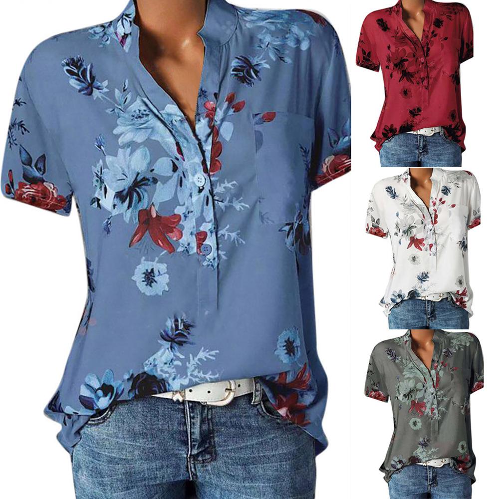 Fashion Women Blouses Printing Pocket Plus SizeShort Sleeve Tops