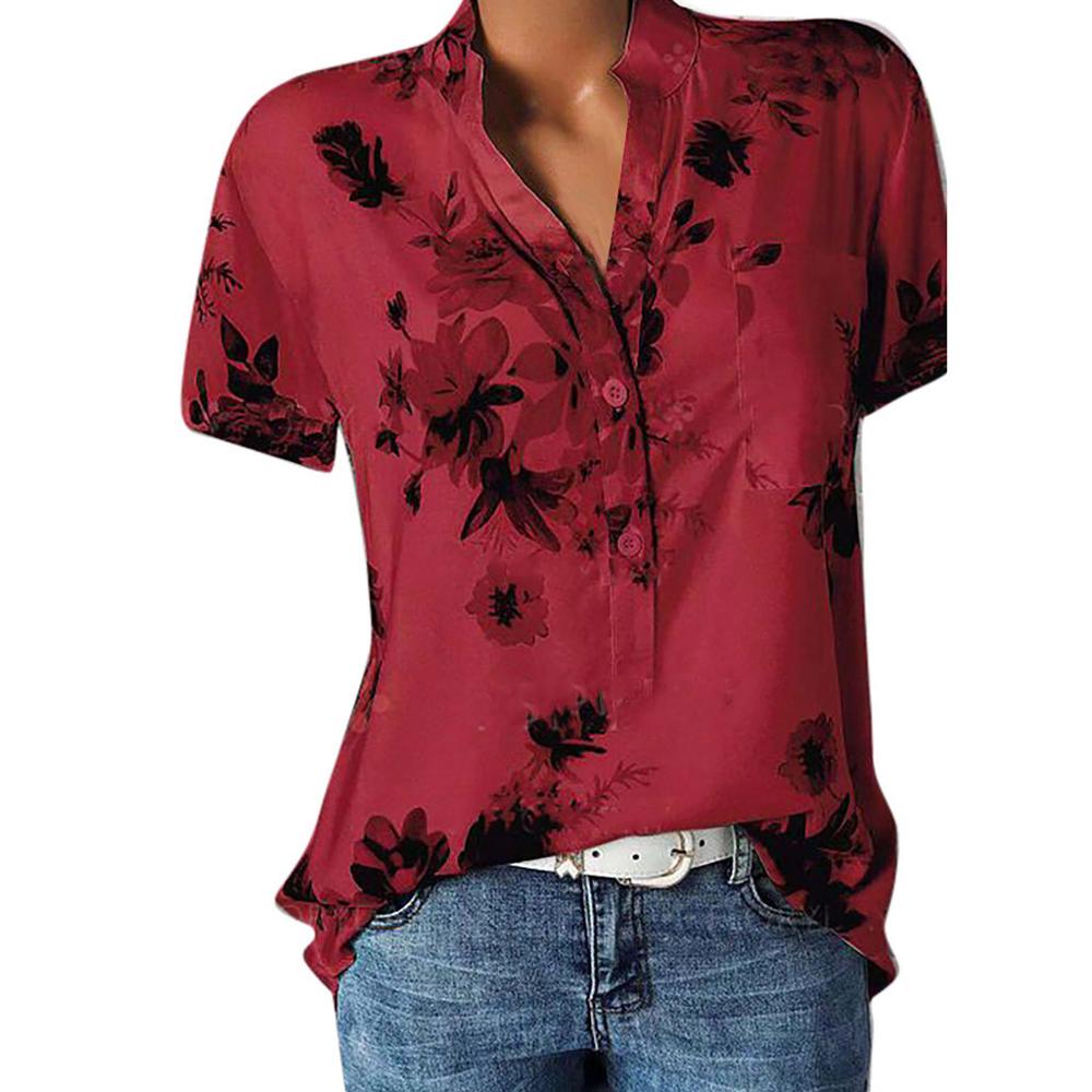 Fashion Women Blouses Printing Pocket Plus SizeShort Sleeve Tops