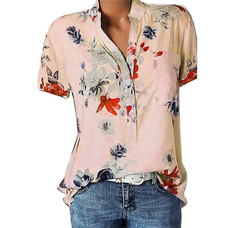 Fashion Women Blouses Printing Pocket Plus SizeShort Sleeve Tops