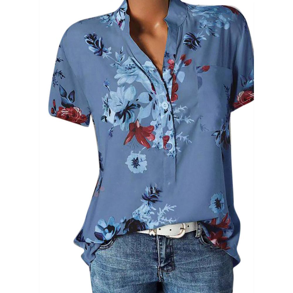 Fashion Women Blouses Printing Pocket Plus SizeShort Sleeve Tops