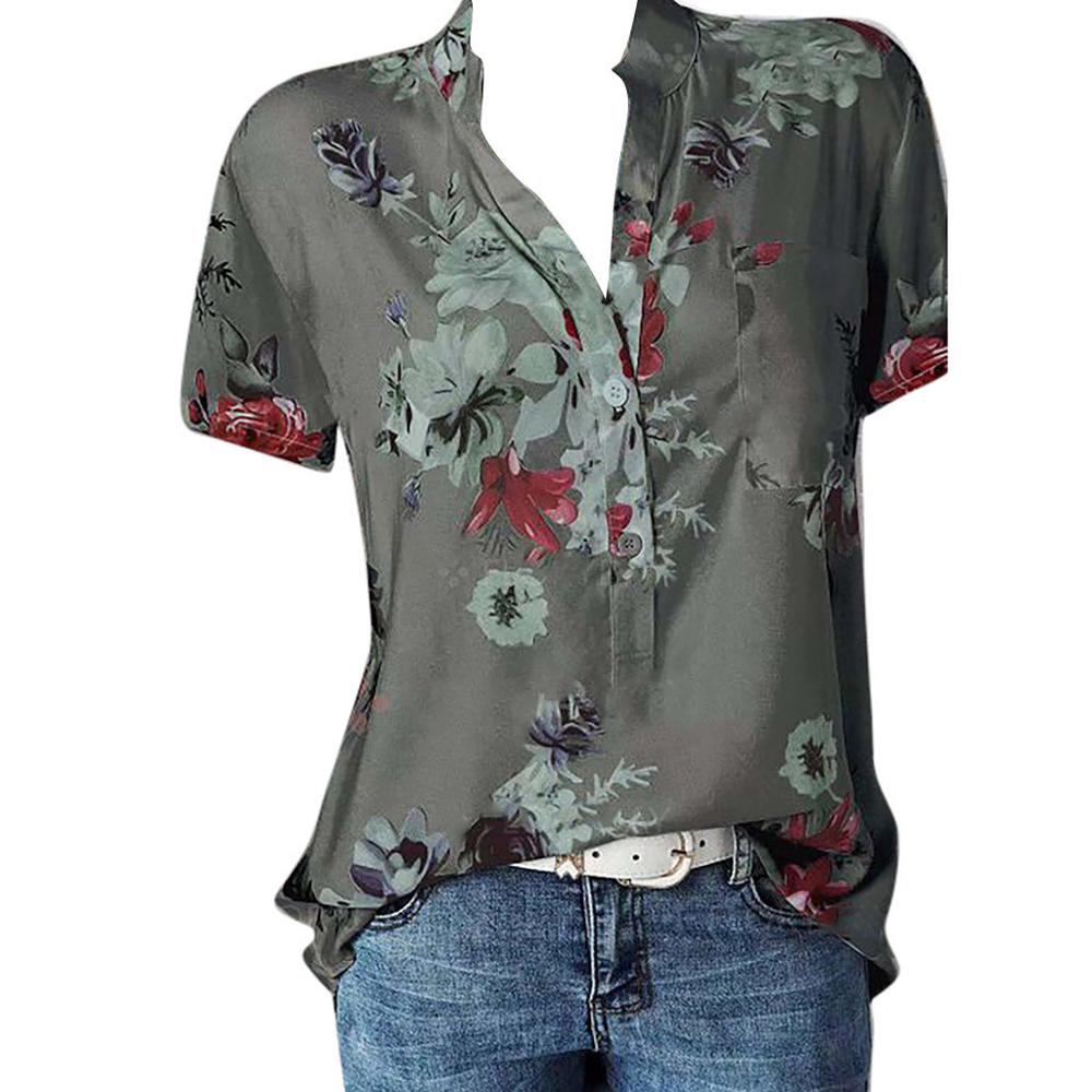 Fashion Women Blouses Printing Pocket Plus SizeShort Sleeve Tops
