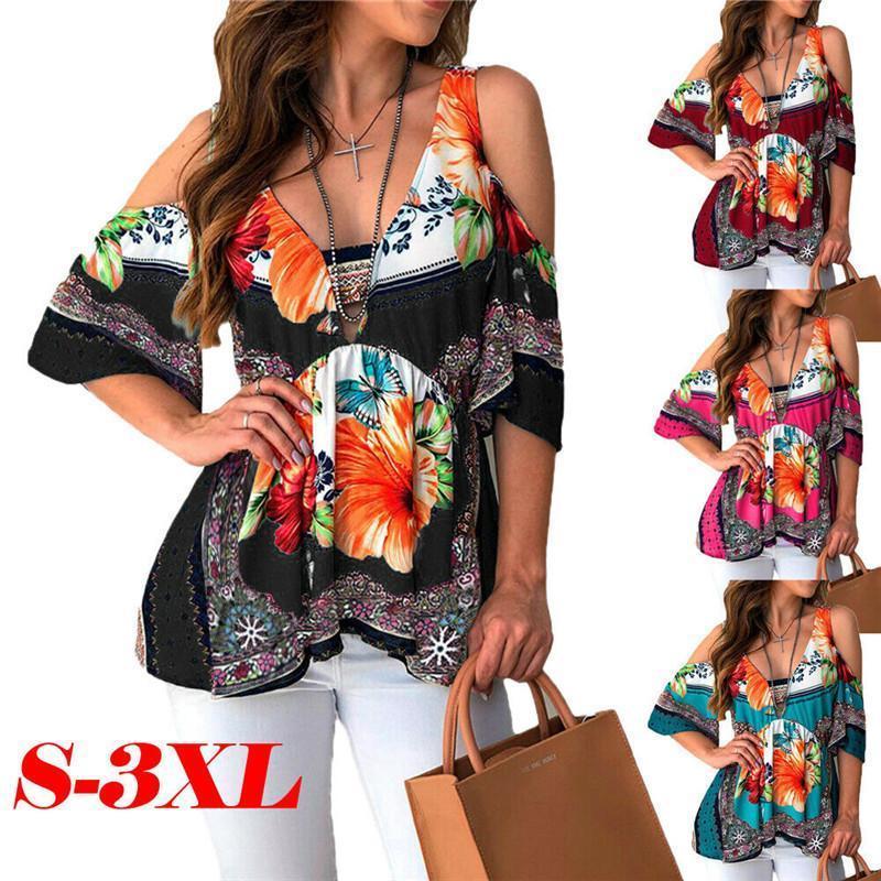 Summer Hot  Women Clothes  Casual Leisure Floral Shirt V Neck Tops Half Sleeve Blouse  Beach