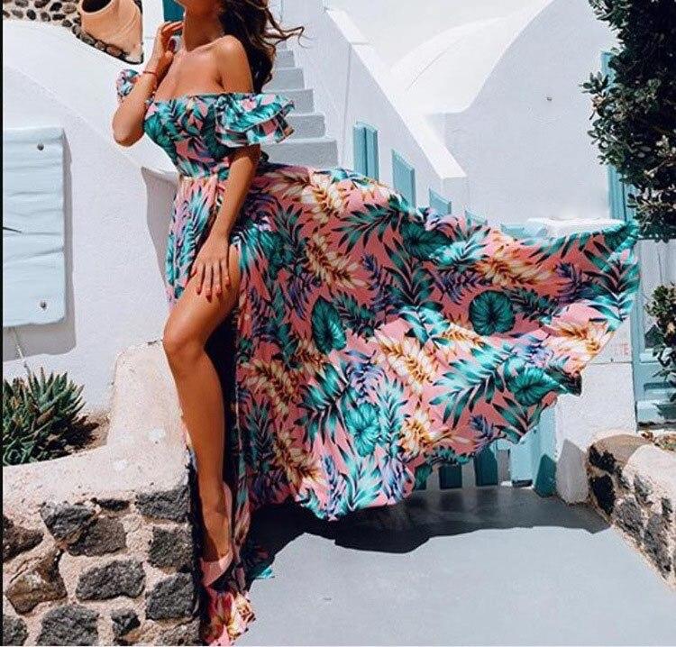 Women Summer Long Maxi Dress Boho Floral Print Dresses Off-Shoulder Beach Party Sundress