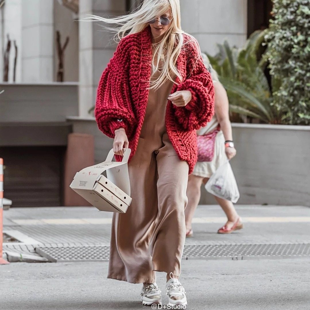Women's Fashion Cardigans Thick Hand Knitted V-neck Open Stitch Sweaters Loose Oversized Sweater Winter Chic Boho Outerwear