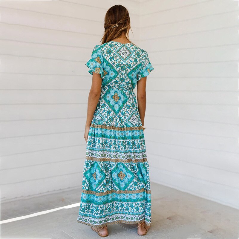 Designer Women's Summer Holiday Dress Retro Printed V-neck Long Dress