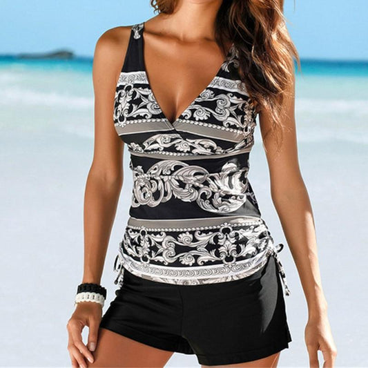 Two Piece Swimwear Women Plus Size Tankini Swimsuits with Shorts V neck Tankinis Set Swim Wear Black Print Bathing Suit 2XL