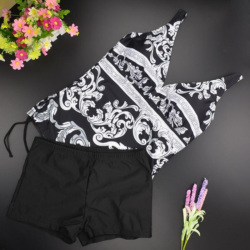 Two Piece Swimwear Women Plus Size Tankini Swimsuits with Shorts V neck Tankinis Set Swim Wear Black Print Bathing Suit 2XL