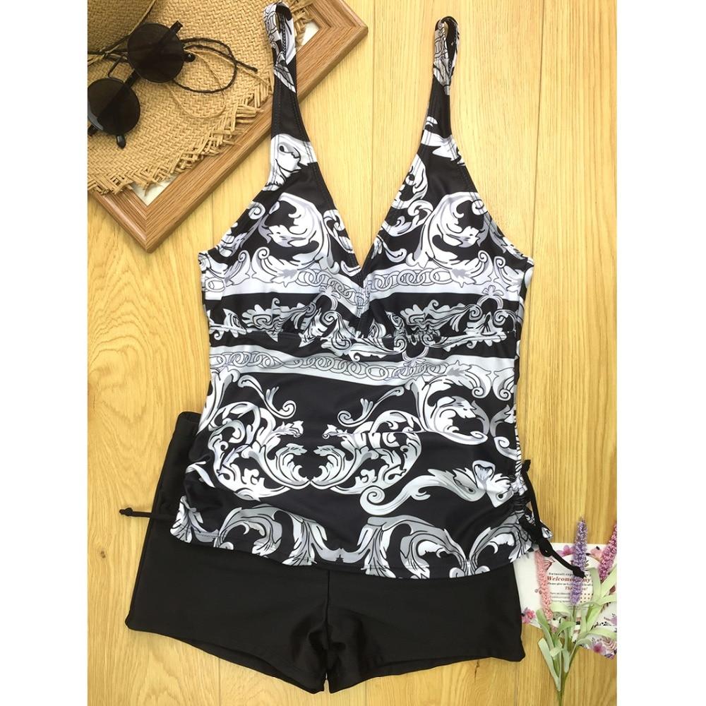 Two Piece Swimwear Women Plus Size Tankini Swimsuits with Shorts V neck Tankinis Set Swim Wear Black Print Bathing Suit 2XL