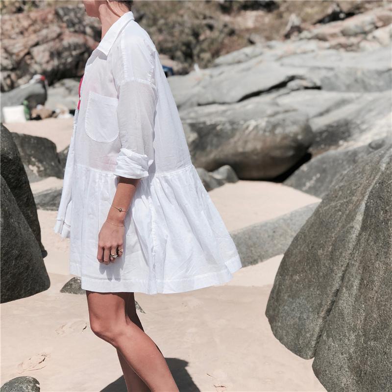 Women Summer Beach Wear White Cotton Tunic Sexy Plunging Neck Front Pocket Short Mini Dress Beach Cover Up