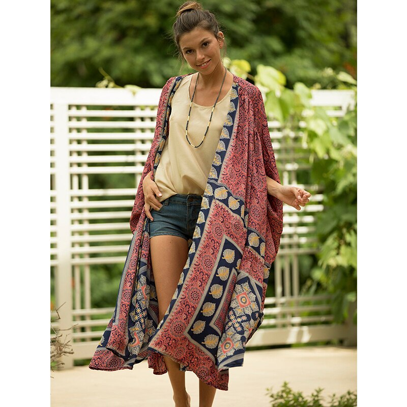 2021 Brown Retro Printed Batwing Sleeve Front Open Kimono Plus Size Women Clothing Casual Long Tops and Blouses Shirts Q1217